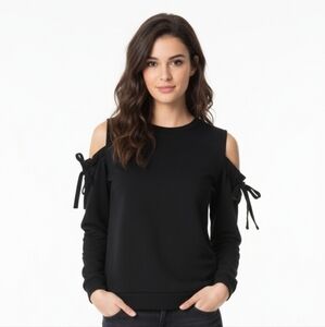 Zara Trafaluc Black Open Shoulder Sweatshirt with Tie Accents